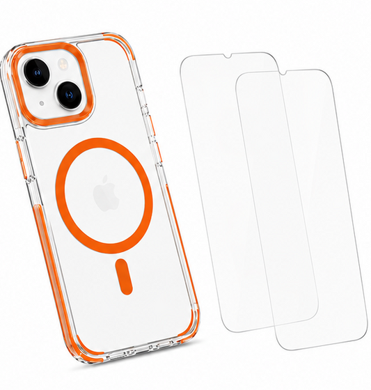 For iPhone 14 Shockproof Orange Magsafe Clear Case + 2 Pack Tempered Glass Screen Protectors Bundle – Slim Fit Protective Cover