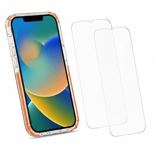 For iPhone 13 Shockproof Orange Magsafe Clear Case + 2 Pack Tempered Glass Screen Protectors Bundle – Slim Fit Protective Cover