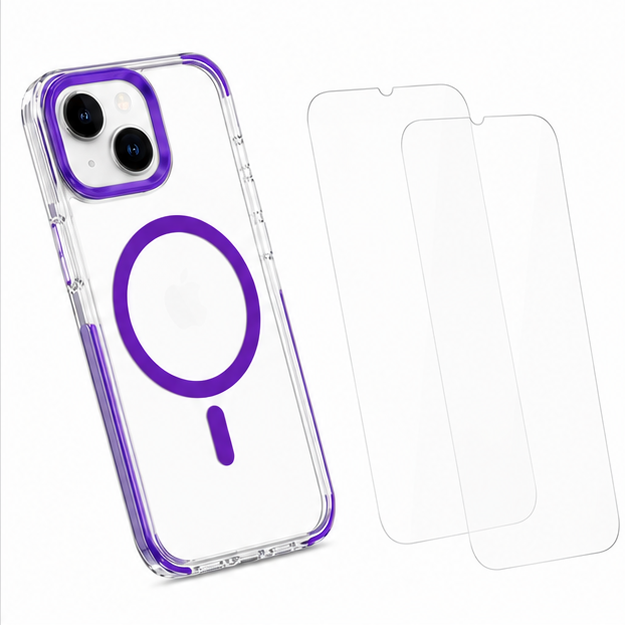 For iPhone 14 Shockproof Purple Magsafe Clear Case + 2 Pack Tempered Glass Screen Protectors Bundle – Slim Fit Protective Cover