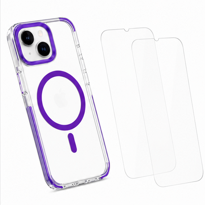 For iPhone 14 Shockproof Purple Magsafe Clear Case + 2 Pack Tempered Glass Screen Protectors Bundle – Slim Fit Protective Cover