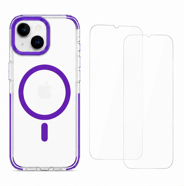 For iPhone 14 Shockproof Purple Magsafe Clear Case + 2 Pack Tempered Glass Screen Protectors Bundle – Slim Fit Protective Cover