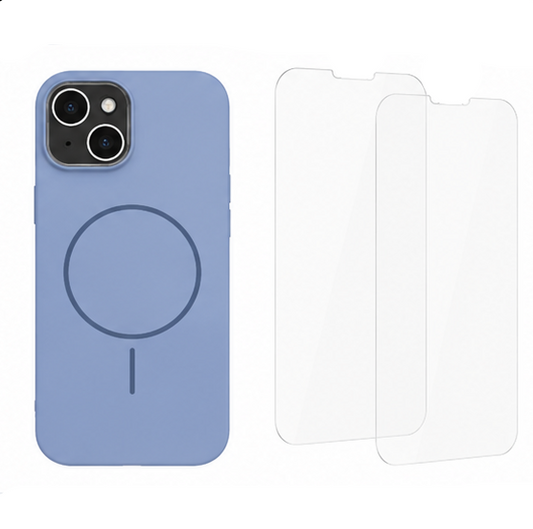 For iPhone 14 Magsafe  Silicone Blue Case + 2 x Tempered Glass Protectors