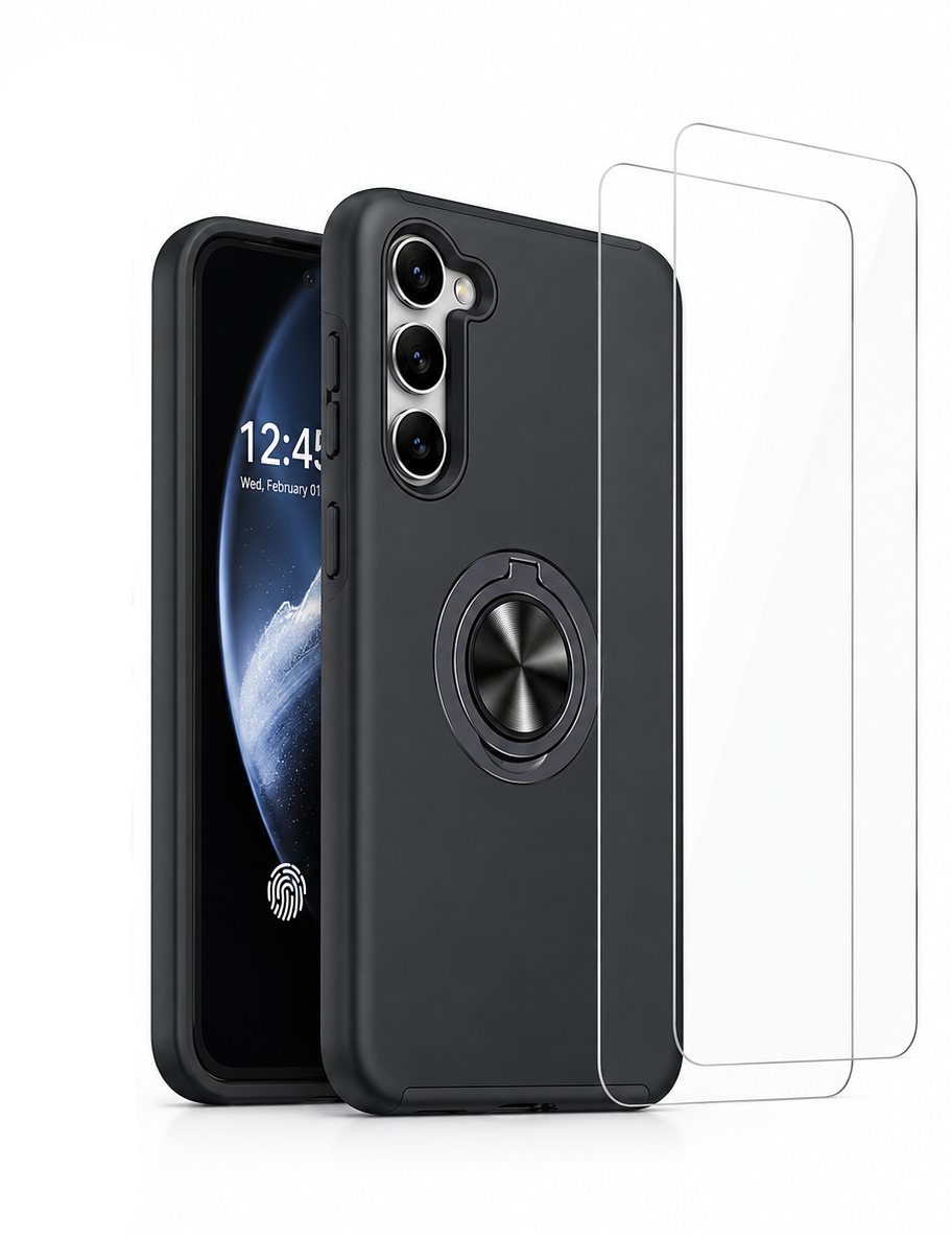 For Samsung Galaxy A37 Magnetic Ring Stand Shockproof Phone Case + 2x Tempered Glass Screen Protectors