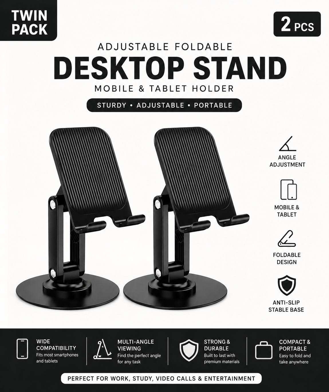 [Twin Pack]Adjustable Foldable Mobile & Tablet Desktop Stand Holder – Multi-Angle Anti-Slip Phone Stand for iPhone, Samsung, iPad & Tablets – Black