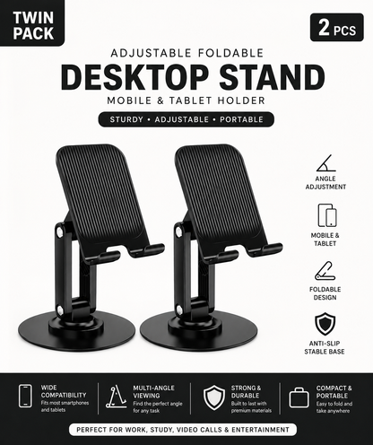[Twin Pack]Adjustable Foldable Mobile & Tablet Desktop Stand Holder – Multi-Angle Anti-Slip Phone Stand for iPhone, Samsung, iPad & Tablets – Black