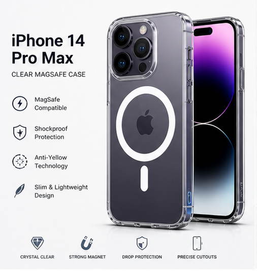 iPhone 14 Pro Max Clear MagSafe Case – Anti-Yellow, Strong Magnetic Hold, Shockproof Slim Protective Cover