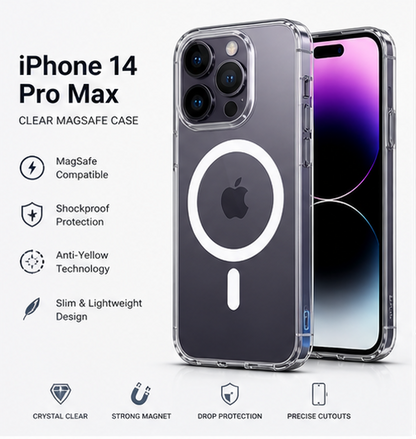 iPhone 14 Pro Max Clear MagSafe Case – Anti-Yellow, Strong Magnetic Hold, Shockproof Slim Protective Cover