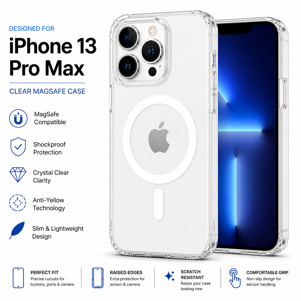 iPhone 13 Pro Clear MagSafe Case – Anti-Yellow, Strong Magnetic Hold, Shockproof Slim Protective Cover