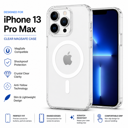 iPhone 13 Pro Clear MagSafe Case – Anti-Yellow, Strong Magnetic Hold, Shockproof Slim Protective Cover