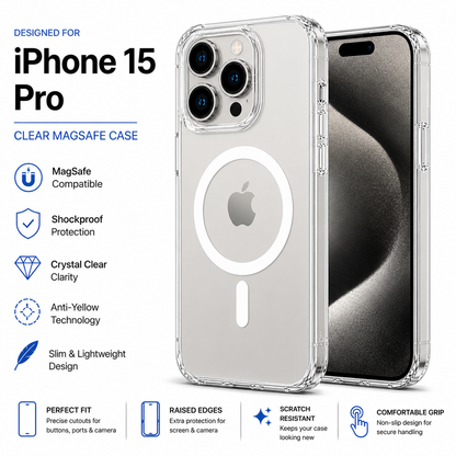 iPhone 15 Pro Clear MagSafe Case – Anti-Yellow, Strong Magnetic Hold, Shockproof Slim Protective Cover