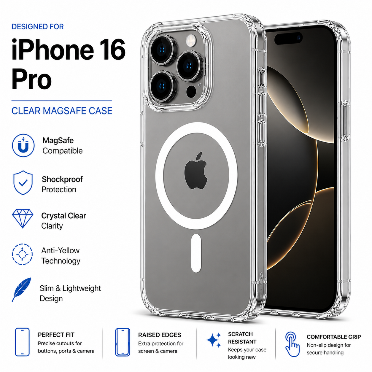 iPhone 16 Pro Clear MagSafe Case – Anti-Yellow, Strong Magnetic Hold, Shockproof Slim Protective Cover