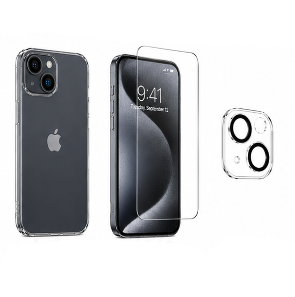 For iPhone 15 Clear Case Bundle – Shockproof Transparent Case + 1 Pack Tempered Glass Screen Protectors + Camera Lens Protector Set