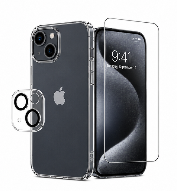 For iPhone 15 Clear Case Bundle – Shockproof Transparent Case + 1 Pack Tempered Glass Screen Protectors + Camera Lens Protector Set