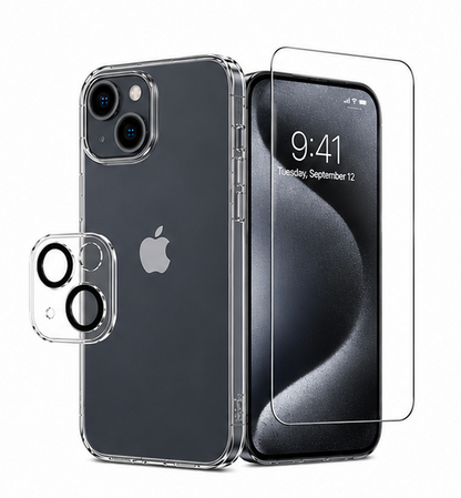 For iPhone 15 Clear Case Bundle – Shockproof Transparent Case + 1 Pack Tempered Glass Screen Protectors + Camera Lens Protector Set