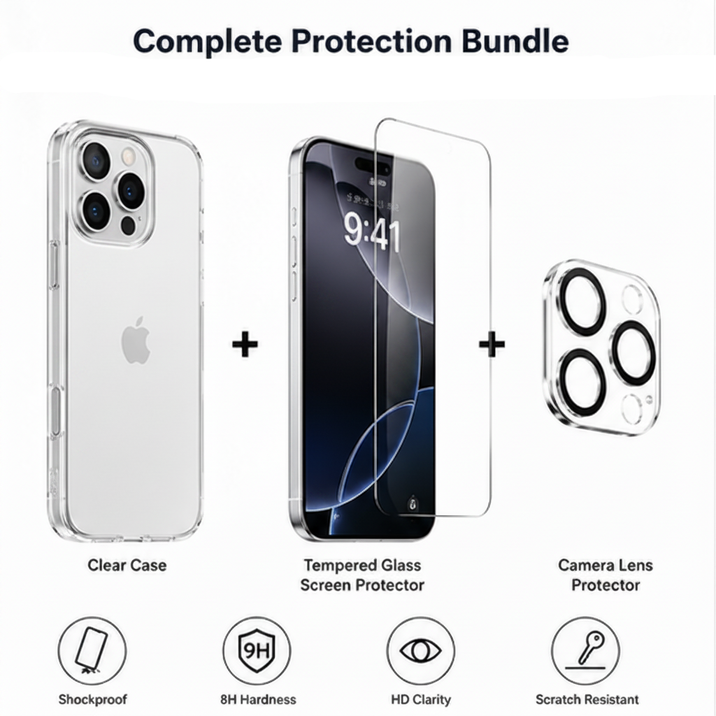 For iPhone 16 Pro Max Clear Case Bundle – Shockproof Transparent Case + 2 Pack Tempered Glass Screen Protectors + Camera Lens Protector Set