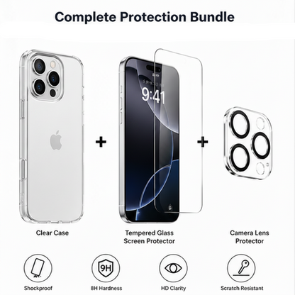 For iPhone 16 Pro Max Clear Case Bundle – Shockproof Transparent Case + 2 Pack Tempered Glass Screen Protectors + Camera Lens Protector Set