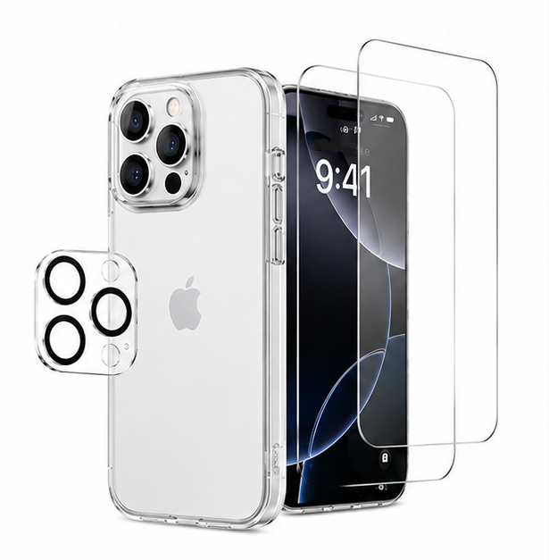 For iPhone 16 Pro Max Clear Case Bundle – Shockproof Transparent Case + 2 Pack Tempered Glass Screen Protectors + Camera Lens Protector Set