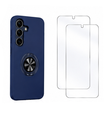 For Samsung Galaxy S21 Protective Navy Blue Ring Holder Case + 2 Pack Tempered Glass Screen Protectors | Shockproof Full Protection