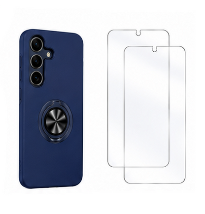 For Samsung Galaxy S21 Protective Navy Blue Ring Holder Case + 2 Pack Tempered Glass Screen Protectors | Shockproof Full Protection