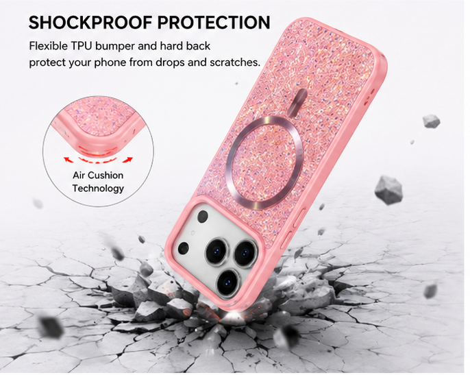 For iPhone 17 Pro glitter magsafe sparkle protective phone case- Pink