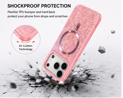 For iPhone 17 Pro glitter magsafe sparkle protective phone case- Pink