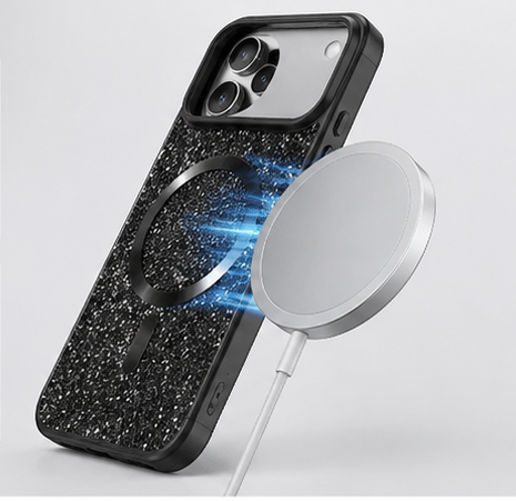 For iPhone 17 Pro glitter magsafe sparkle protective phone case-Black