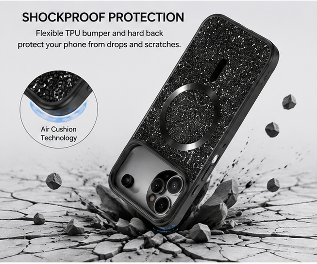 For iPhone 17 Pro glitter magsafe sparkle protective phone case-Black