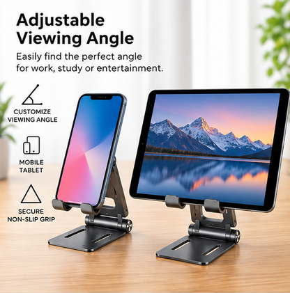 Adjustable Foldable Phone & Tablet Stand – Portable Metal Desktop Holder with Non-Slip Base, Multi-Angle Viewing, Black