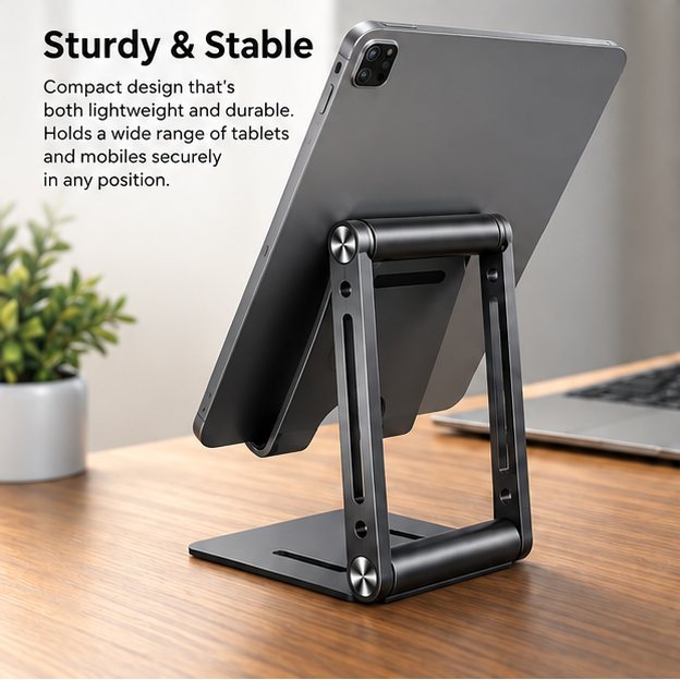 Adjustable Foldable Phone & Tablet Stand – Portable Metal Desktop Holder with Non-Slip Base, Multi-Angle Viewing, Black