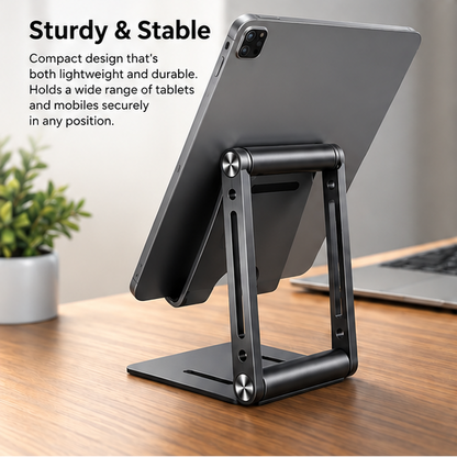 Adjustable Foldable Phone & Tablet Stand – Portable Metal Desktop Holder with Non-Slip Base, Multi-Angle Viewing, Black