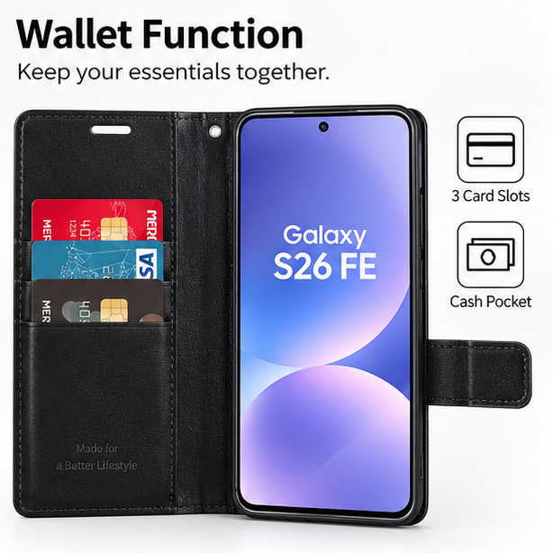 For Samsung Galaxy S26 FE Wallet Case with Card holder- Black Flip Cover