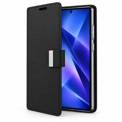 For Samsung Galaxy S25 Dual-Layer Wallet Case – Black Folio Cover with Card Slots