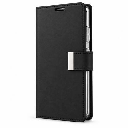 For Samsung Galaxy S25 Dual-Layer Wallet Case – Black Folio Cover with Card Slots