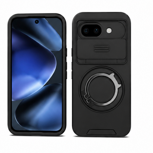 For Google Pixel 10a Case Magnetic Ring Holder Kickstand Shockproof Rugged Cover with Camera Slide Protection – Black