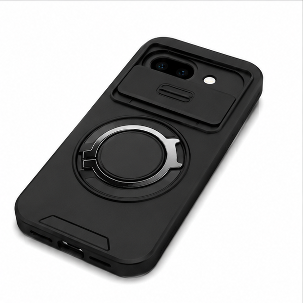 For Google Pixel 10a Case Magnetic Ring Holder Kickstand Shockproof Rugged Cover with Camera Slide Protection – Black
