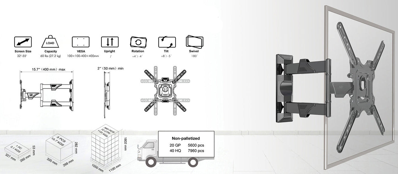 Universal Extendable TV Wall Mount for 32-55 inch TVs