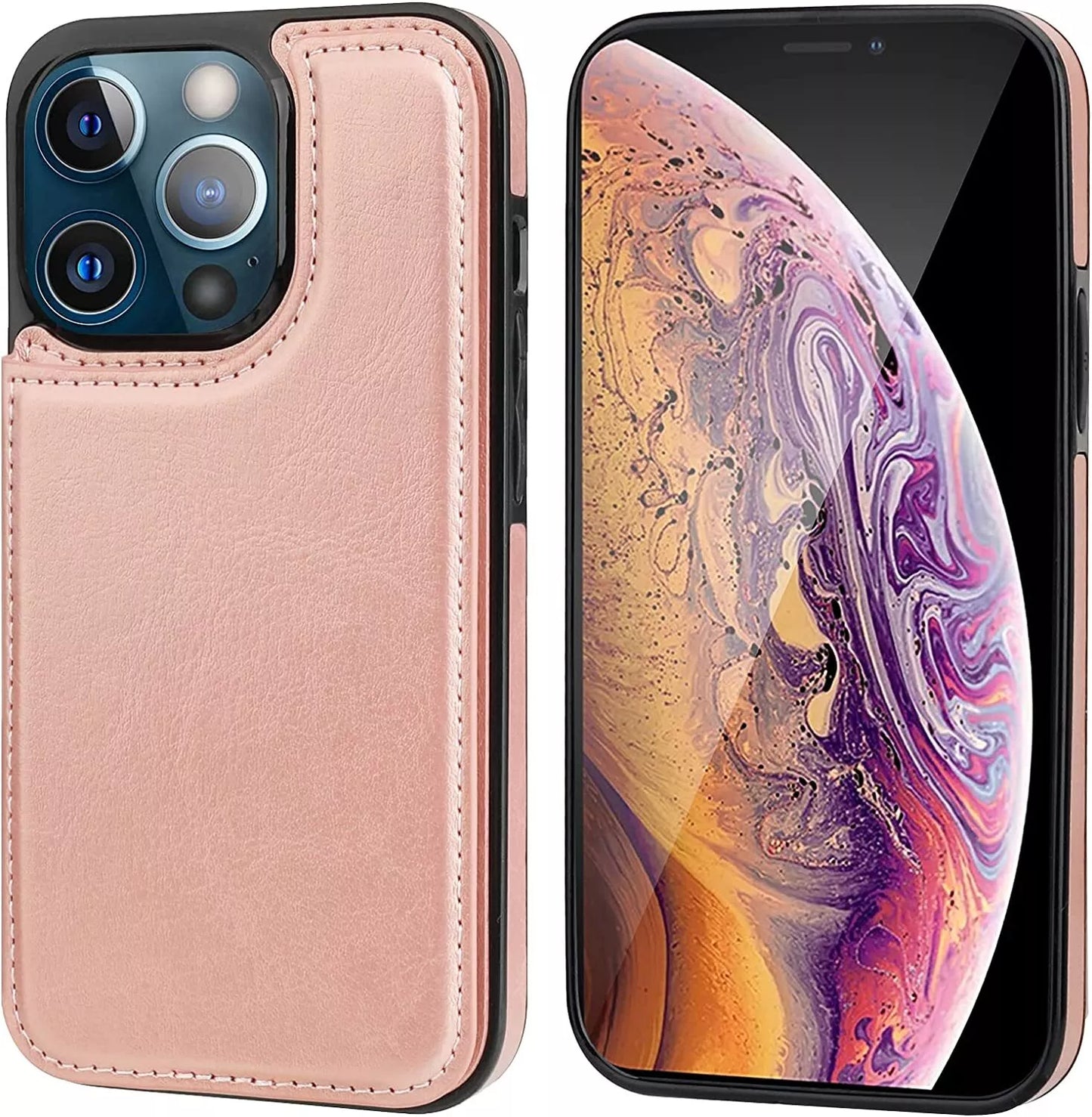 For iPhone 12 Pro Max Back Wallet Case with Card holder Rosegold