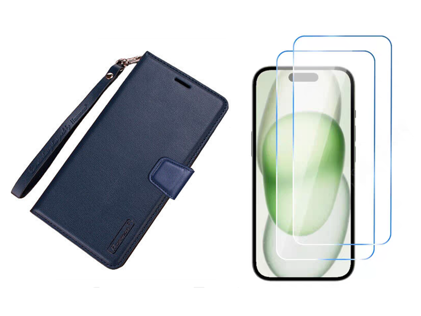 For iPhone 14 Plus Wallet Lanyard Case Navy blue + 2 Screen Protectors