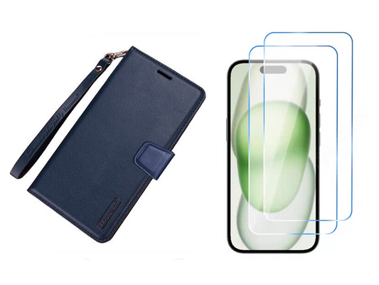 For iPhone 14 Pro Wallet Lanyard Case Navy blue + 2 Screen Protectors