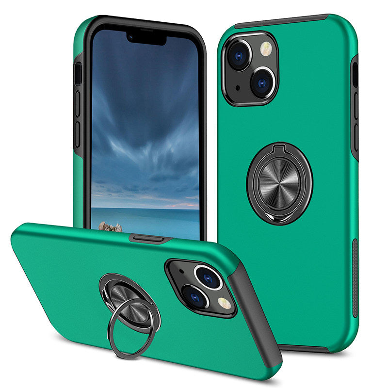For iPhone 13 Slim Case with Metal Ring Stand-Dark Green