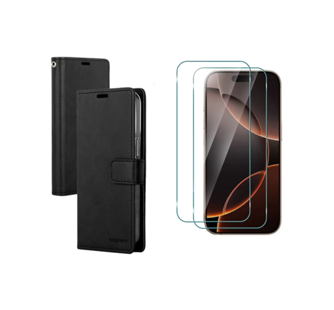 Flip Wallet Case for iPhone 17 -Black + 2 x Screen Protectors