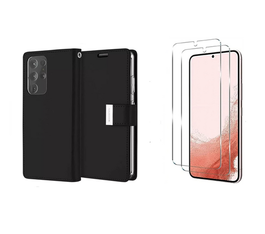 For Samsung Galaxy S24 FE Dual layers wallet Cover -Black + 2 x Screen Protectors