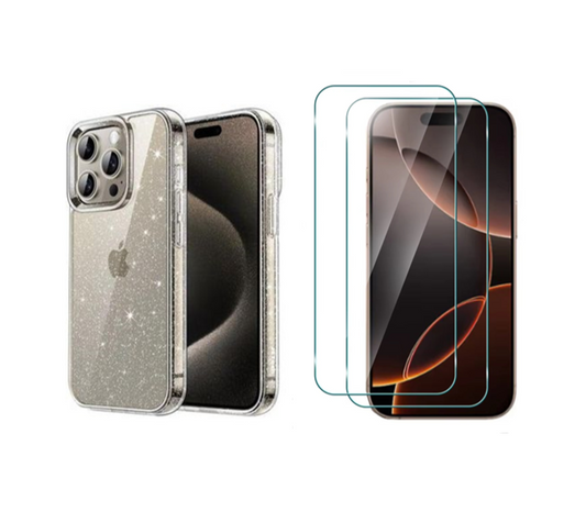 For iPhone 15 Pro Clear Bling Sparkle Shockproof Phone Cover + 2 Screen Protectors
