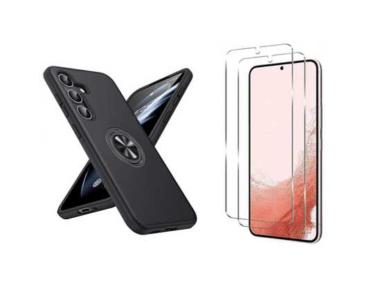 For Samsung Galaxy S23 Case with Ring Holder Kickstand Black case + 2 x Screen Protectors