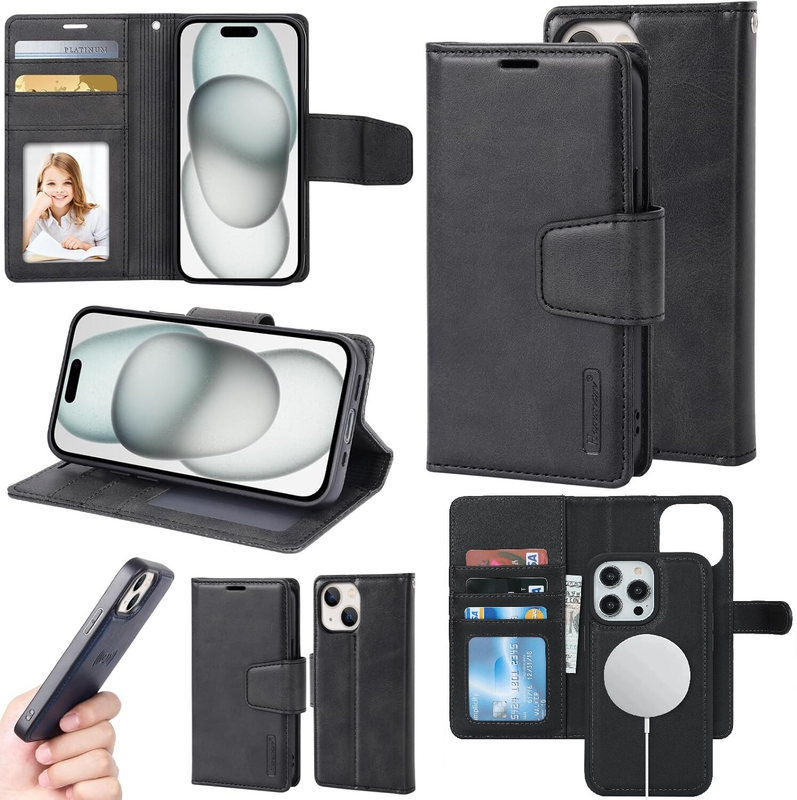 For iPhone 16 Plus Magnetic Detachable Black Wallet Case