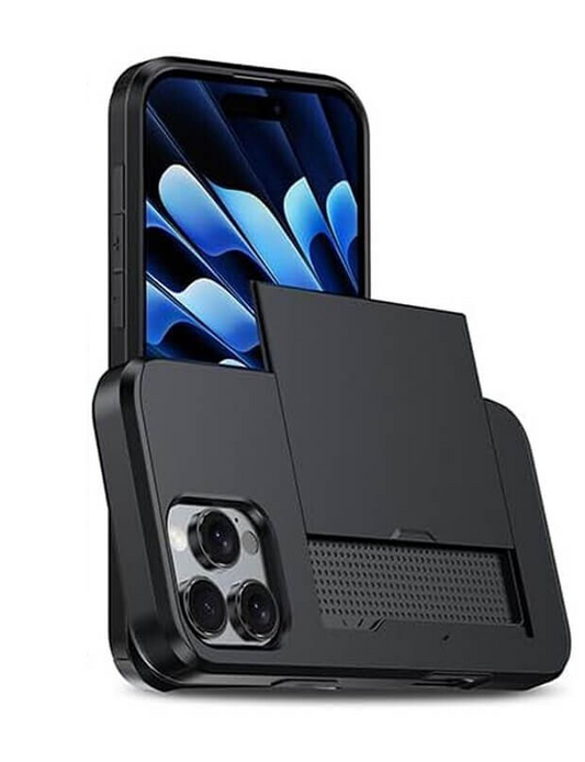 For iPhone 15 Pro Slide Card Holder Shockproof Case Cover-Black Colour