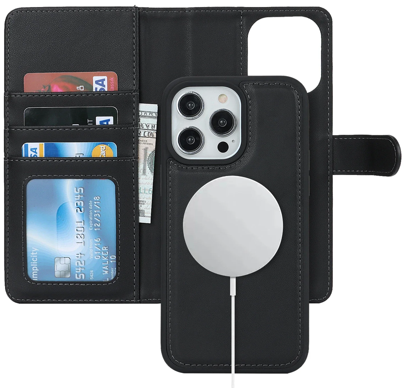 For iPhone 16 Plus Magnetic Detachable Black Wallet Case