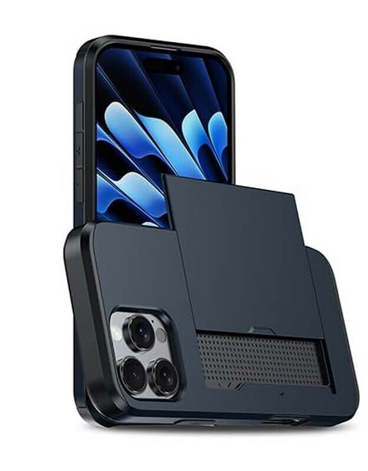 For iPhone 15 Pro Slide Card Holder Shockproof Cover-Navy Blue
