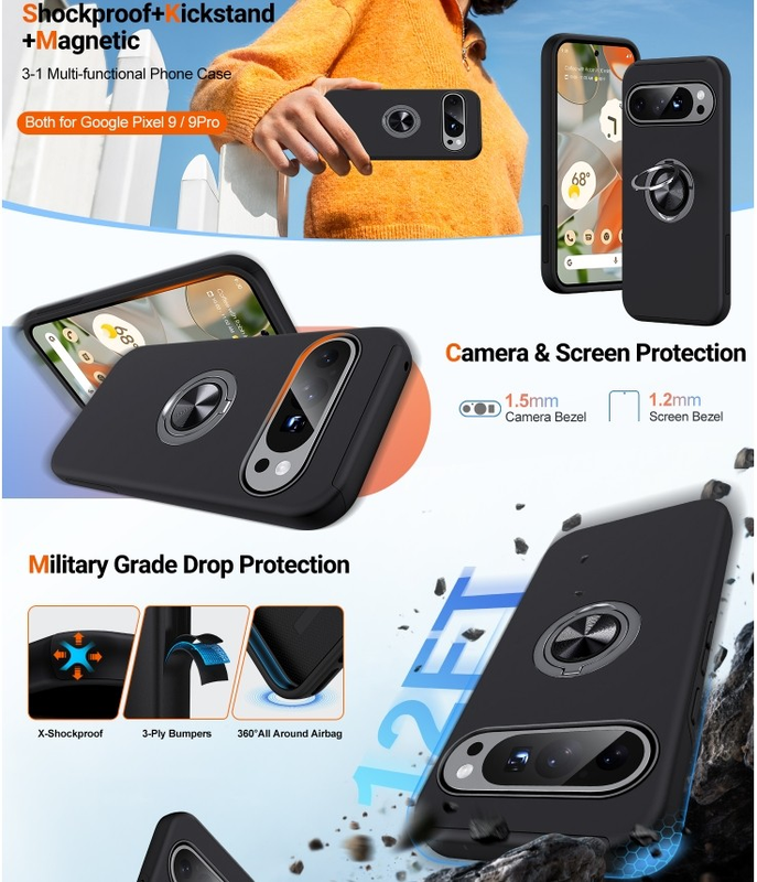 For Google Pixel 7a Shockproof Ring Magnetic Phone Case-Black