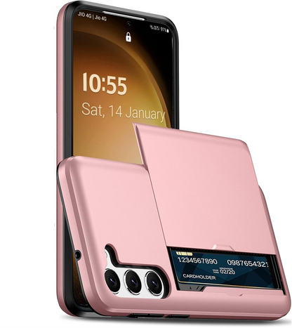 For Samsung Galaxy S24 FE Slide Armor Card Holder Shockproof Back Cover-Rose Gold
